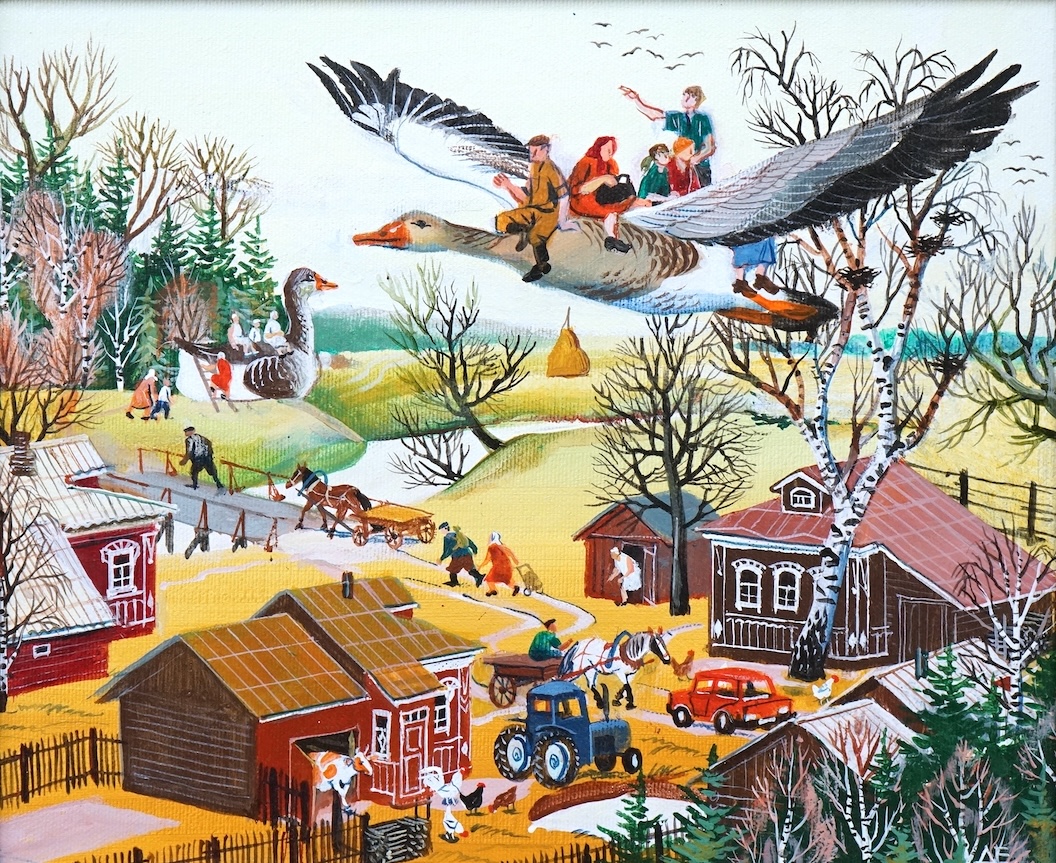 Dina Eltseva (Russian, b.1965), oil on canvas, Surreal farm scene, monogrammed, inscribed in cyrillic verso, 24 x 29cm